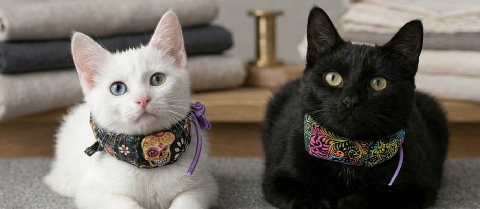 White kitten and black cat wearing FeliFeed feeding tube support collars.