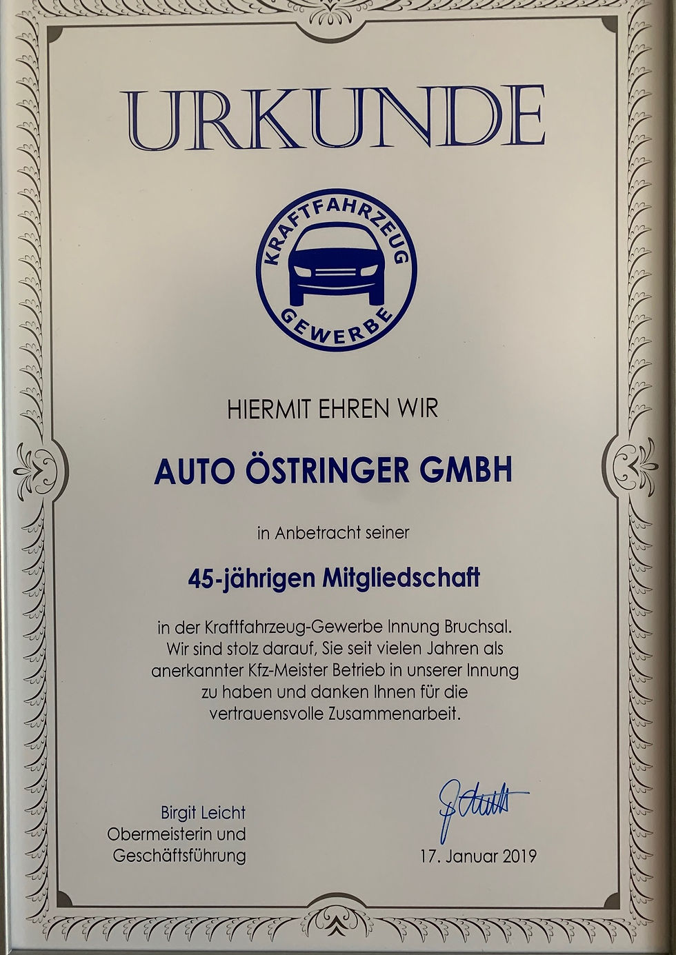 Urkunde 45 Jahre Innung