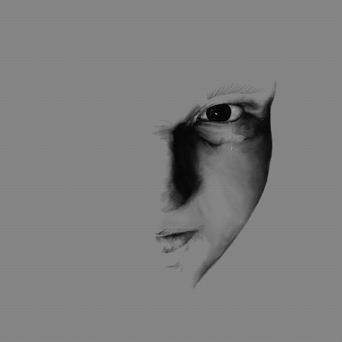 Animation of digital drawings. Animation flickers and glitches between image of roaring fierce lion and sad teary half face. 