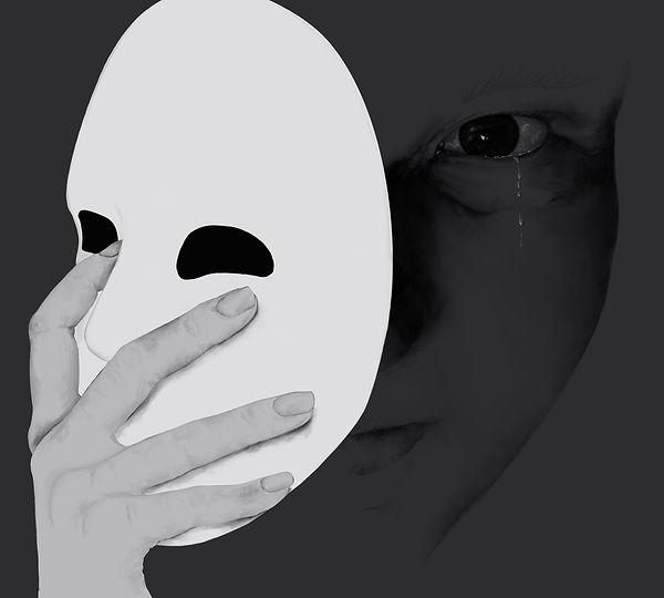 Digital drawing. In the foreground a hand holding a white mask, revealing half a face behind. There is a tear falling from the eye.