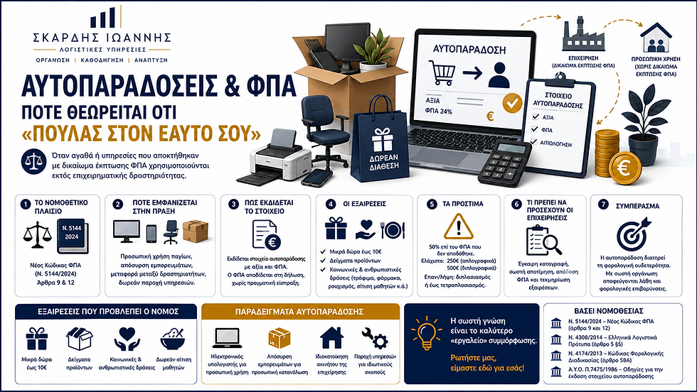 Infographic του Λογιστικού Γραφείου Σκάρδη Ιωάννη για τις αυτοπαραδόσεις και τον ΦΠΑ. Παρουσιάζει πότε θεωρείται ότι μια επιχείρηση «πουλά στον εαυτό της», με παραδείγματα προσωπικής χρήσης παγίων, δωρεάν διάθεσης αγαθών και μεταφοράς εμπορευμάτων, καθώς και πληροφορίες για το νομοθετικό πλαίσιο, τις εξαιρέσεις, τα πρόστιμα και την έκδοση στοιχείου αυτοπαράδοσης.