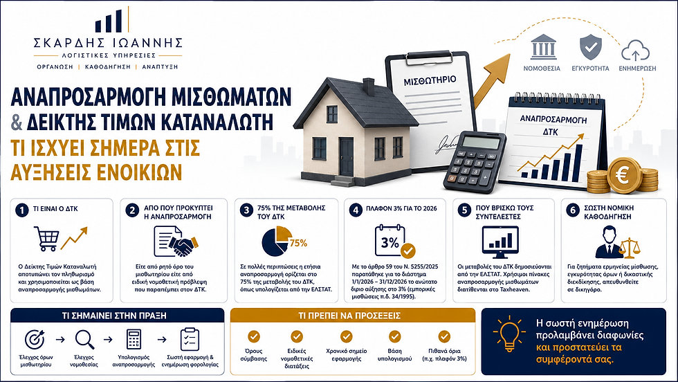 Επαγγελματικό infographic σε αναλογία 16:9 με εταιρική αισθητική μπλε, λευκού και χρυσού χρώματος για το θέμα «Αναπροσαρμογή Μισθωμάτων & Δείκτης Τιμών Καταναλωτή». Στο κέντρο εμφανίζεται τρισδιάστατο σπίτι δίπλα σε μισθωτήριο, αριθμομηχανή και διάγραμμα αύξησης ενοικίων. Η εικόνα περιλαμβάνει βασικές πληροφορίες για τον ΔΤΚ, την αναπροσαρμογή στο 75% της μεταβολής του ΔΤΚ, το πλαφόν 3% στις εμπορικές μισθώσεις για το 2026, τους συντελεστές αναπροσαρμογής και τη σημασία της σωστής νομικής καθοδήγησης. Στο κάτω μέρος υπάρχουν ενότητες με πρακτικές συμβουλές και σημεία προσοχής για ιδιοκτήτες και μισθωτές.