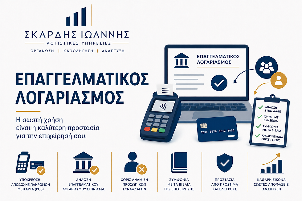 Επαγγελματικό γραφιστικό banner με τίτλο «Επαγγελματικός Λογαριασμός» σε μπλε και χρυσές αποχρώσεις, που παρουσιάζει laptop, POS και τραπεζική κάρτα, μαζί με βασικές υποχρεώσεις: δήλωση στην ΑΑΔΕ, χρήση χωρίς προσωπικές συναλλαγές, συμφωνία με τα βιβλία και προστασία από πρόστιμα.