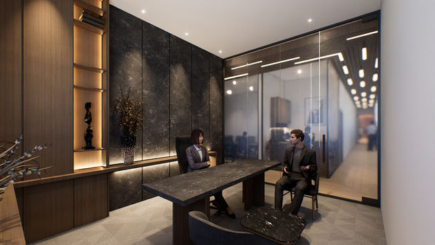 Modern, luxurious executive meeting room with dark marble backdrop, warm wood shelving, and clear glass office partition.