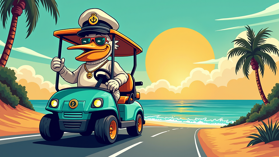 High angle view of a colorful golf cart driving along a coastal road