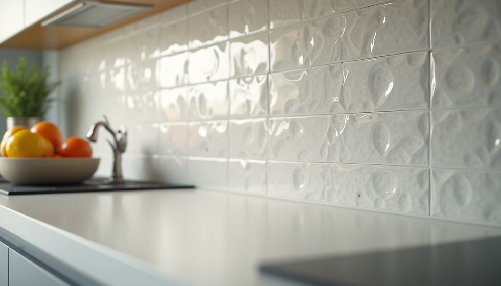 Luxury custom backsplash installation in a Brunswick Maine home featuring large-format porcelain tile, recessed niche, frameless glass enclosure, and professional waterproofing by Seaside Custom Tile.
