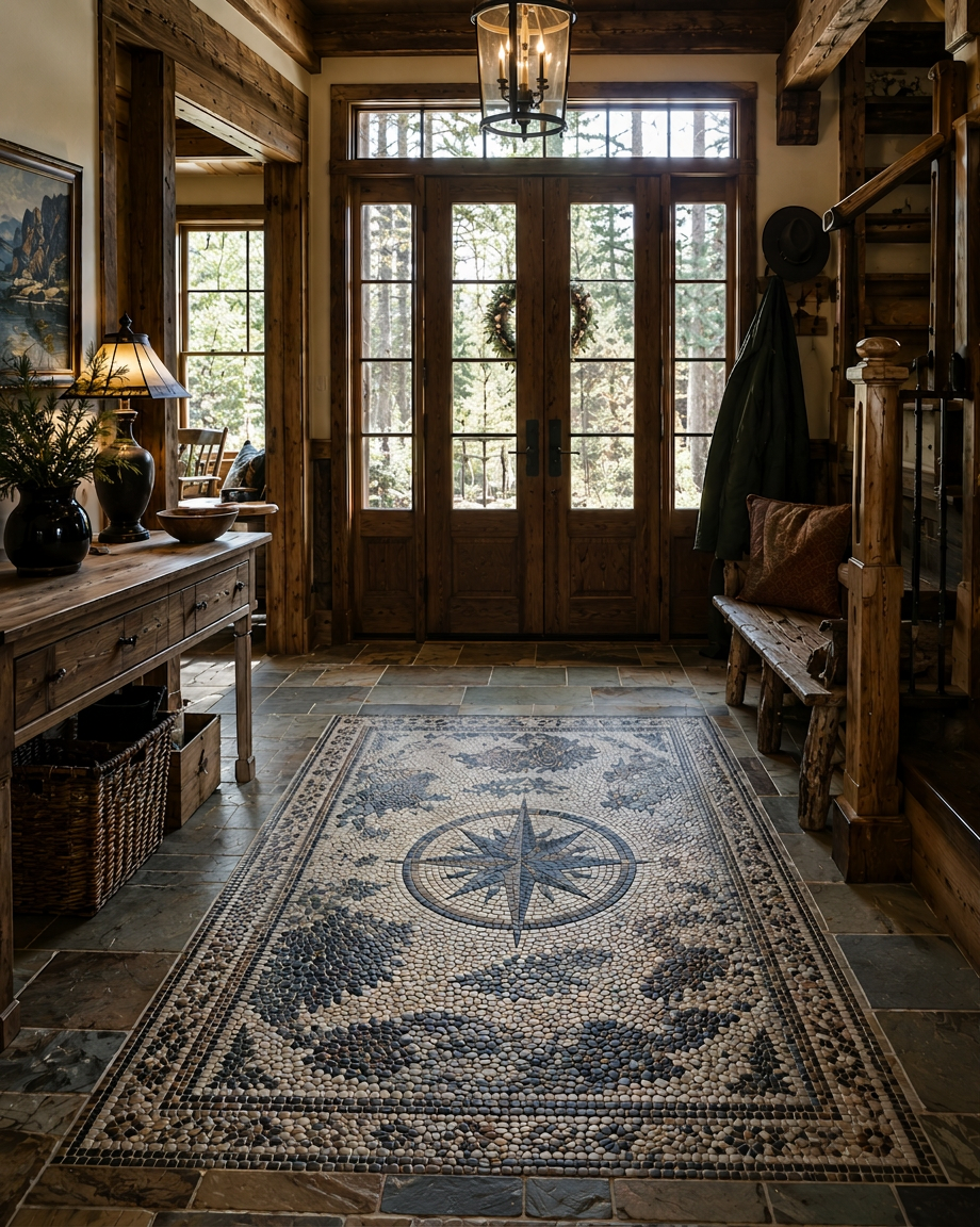 Compass mosaic floor by tile installation contractor in Maine