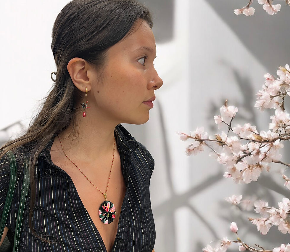 Miniaturbild: Origamischmuck Ohrringe Kranich Tropfen Neon Kiku, handgefaltet aus japanischem Papier, leuchtendes Neonmuster aus Kyoto, fil