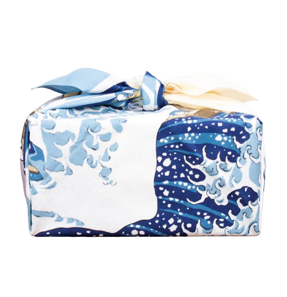 Thumbnail: Furoshiki Tuch L 100 cm mit Hokusai Welle Kanagawa Motiv – japanisches Verpackungstuch aus Baumwolle bei Kawaii München