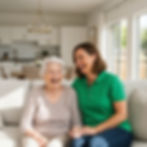 An older lady is sitting with a carer from Thrive Homecare. They are laughing and chatting and enjoying each others company
