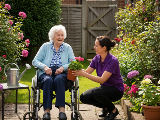 Elderly woman in wheelchair smiles at caregiver holding a potted plant in garden. Colourful flowers surround them, evoking a joyful mood.