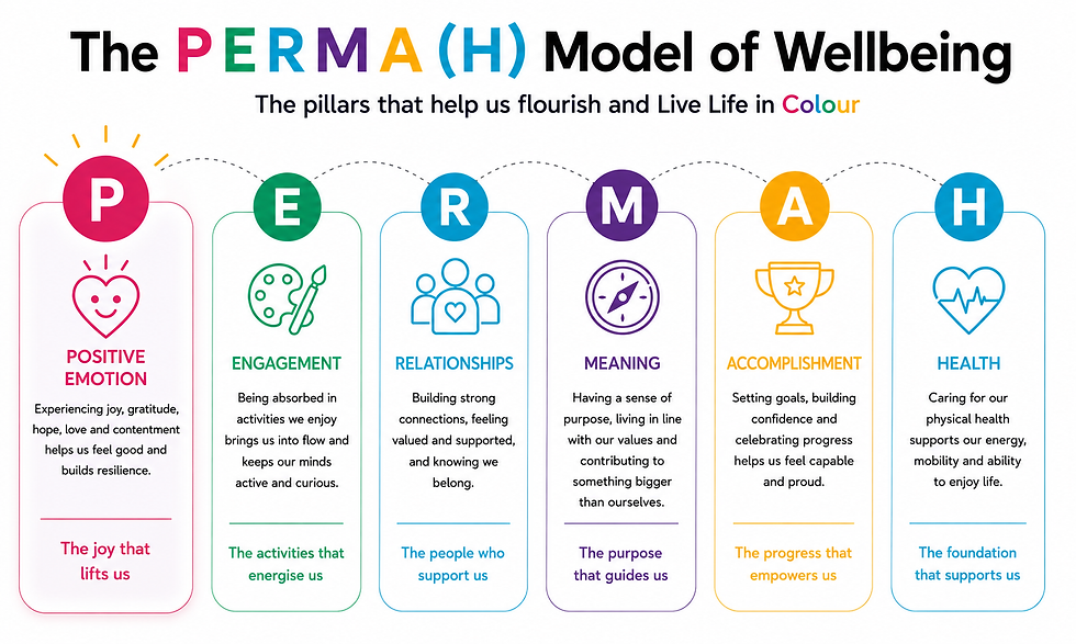 PERMA(H) wellbeing infographic with six pillars: positive emotion, engagement, relationships, meaning, accomplishment, health.