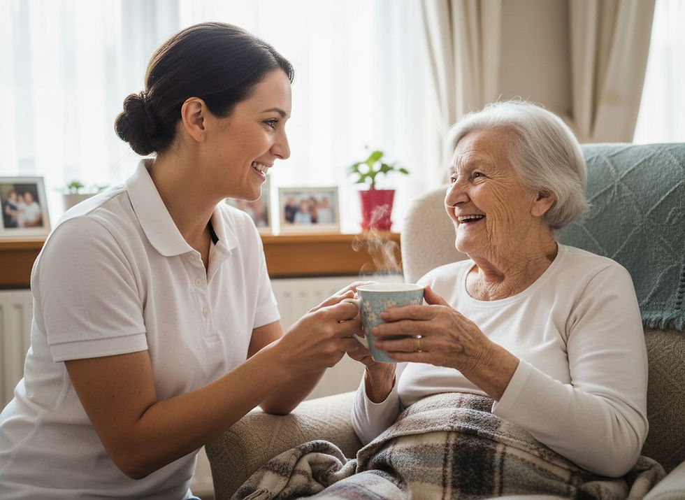 Young caregiver and smiling elderly woman share a steaming mug in a cosy living room, warm and caring mood.