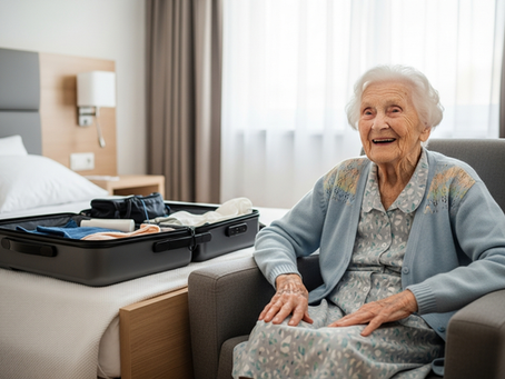 Smiling elderly woman sits in a hotel room armchair beside an open suitcase on the bed.