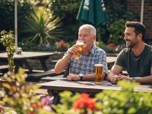 Two men enjoying a beer in a pub garden