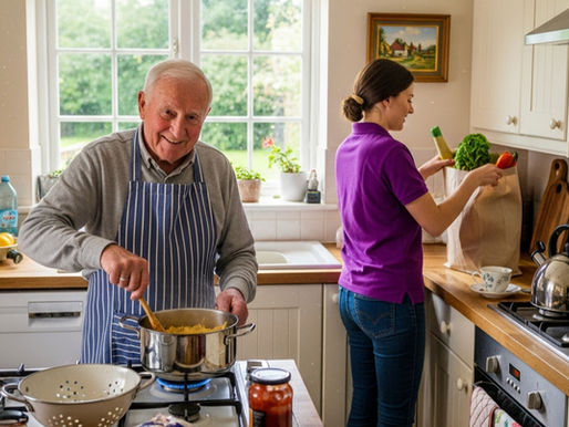 Elderly man stirs a pot on the stove while a woman puts groceries away in a bright kitchen.