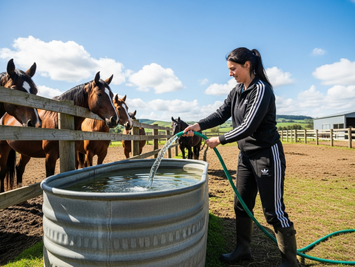 Woman in a tracksuit fills a trough with a green hose as horses watch from a fenced paddock on a sunny farm.