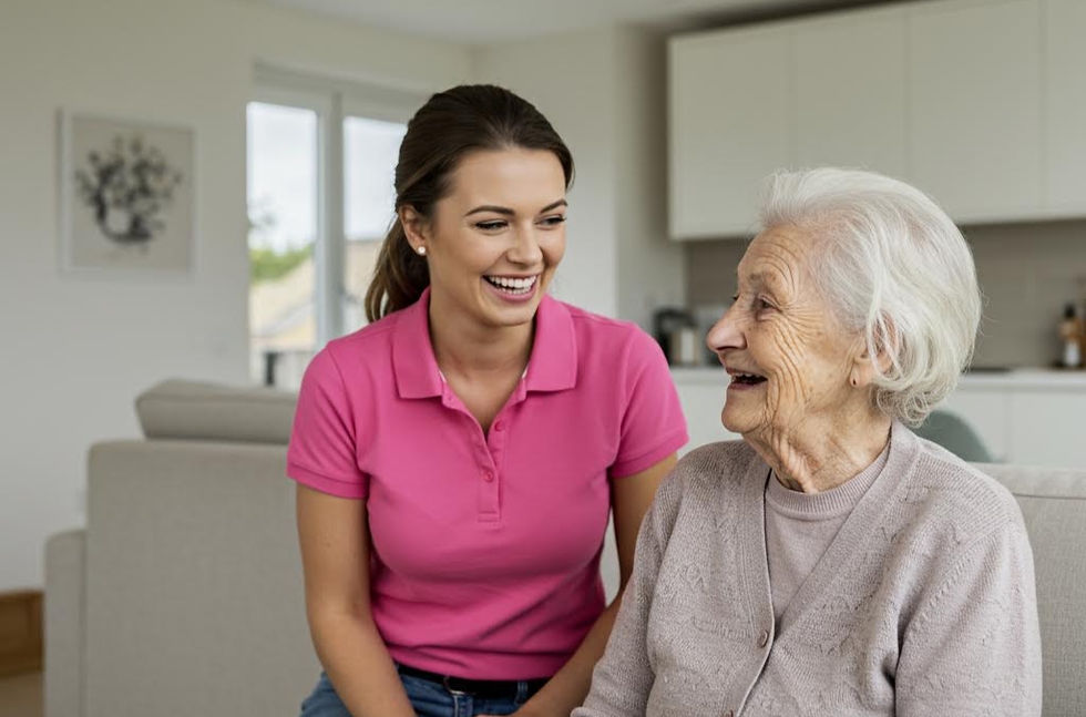 A young woman in a pink shirt and an elderly woman in a beige sweater laughing together in a bright living room, creating a joyful mood.