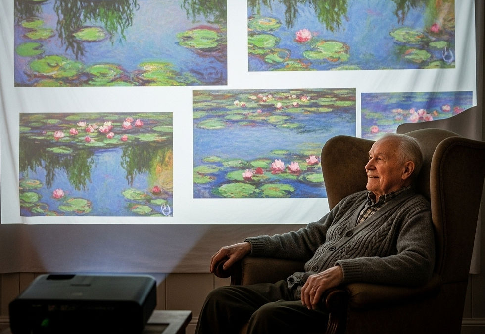 Elderly man seated in armchair, smiling at vivid Monet water lily paintings projected on the wall; calm, contemplative mood.