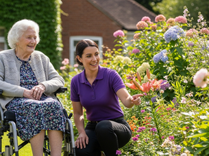 Elderly woman in wheelchair smiles with caregiver in purple shirt pointing at flowers in a sunny garden by a brick house.