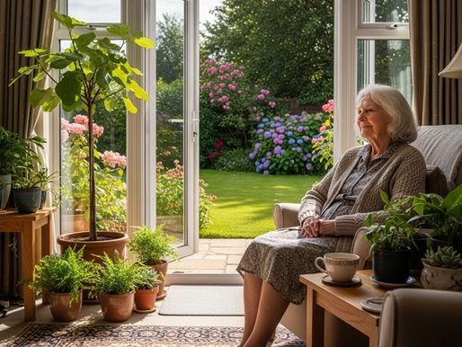 An older lady is sitting in a lounge surrounded by plants and a view onto a garden