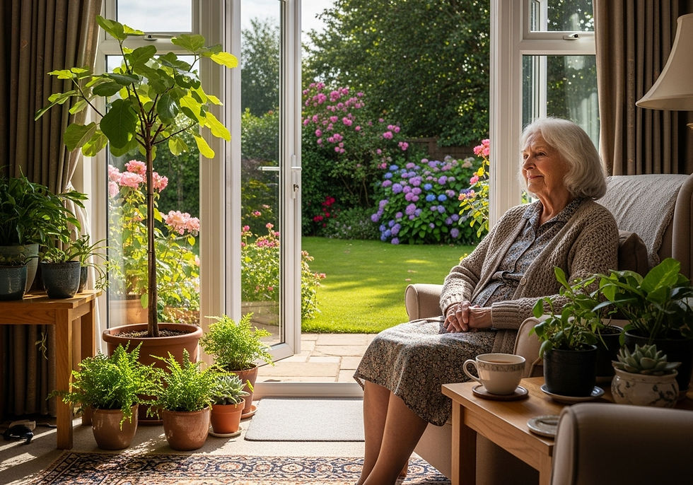 Elderly woman sits in a cozy room, gazing outdoors through open doors. Surrounded by potted plants and colorful garden, the scene is serene.