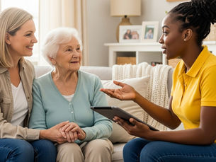 Two women chat on a sofa, with a caregiver in yellow holding a tablet planning for care and support in a living room.