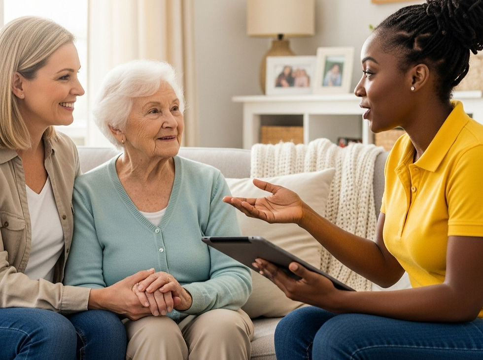 Two women chat on a sofa, with a caregiver in yellow holding a tablet planning for care and support in a living room.