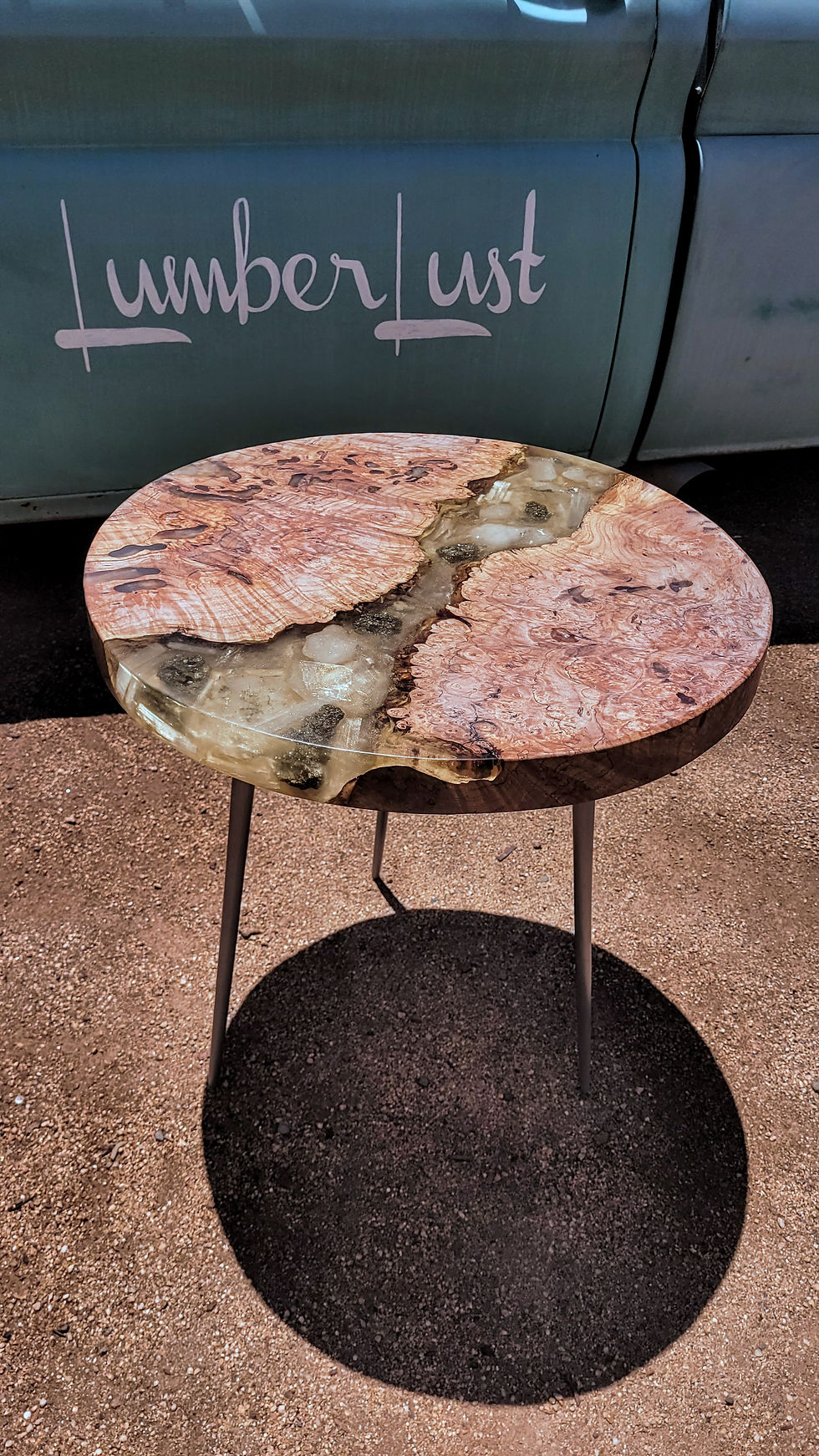 Thumbnail: white waxed blonde wood live edge river table with crystals