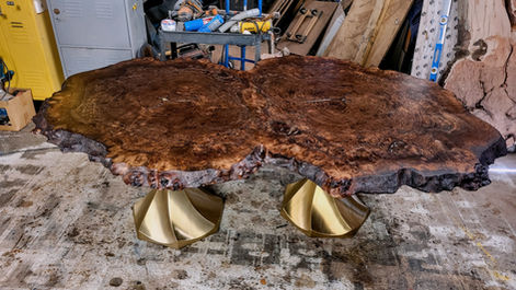53x85 Walnut double burl live edge desk with brushed brass pedestal bases