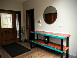 resin cast red burl live edge 2 shelf console entry table