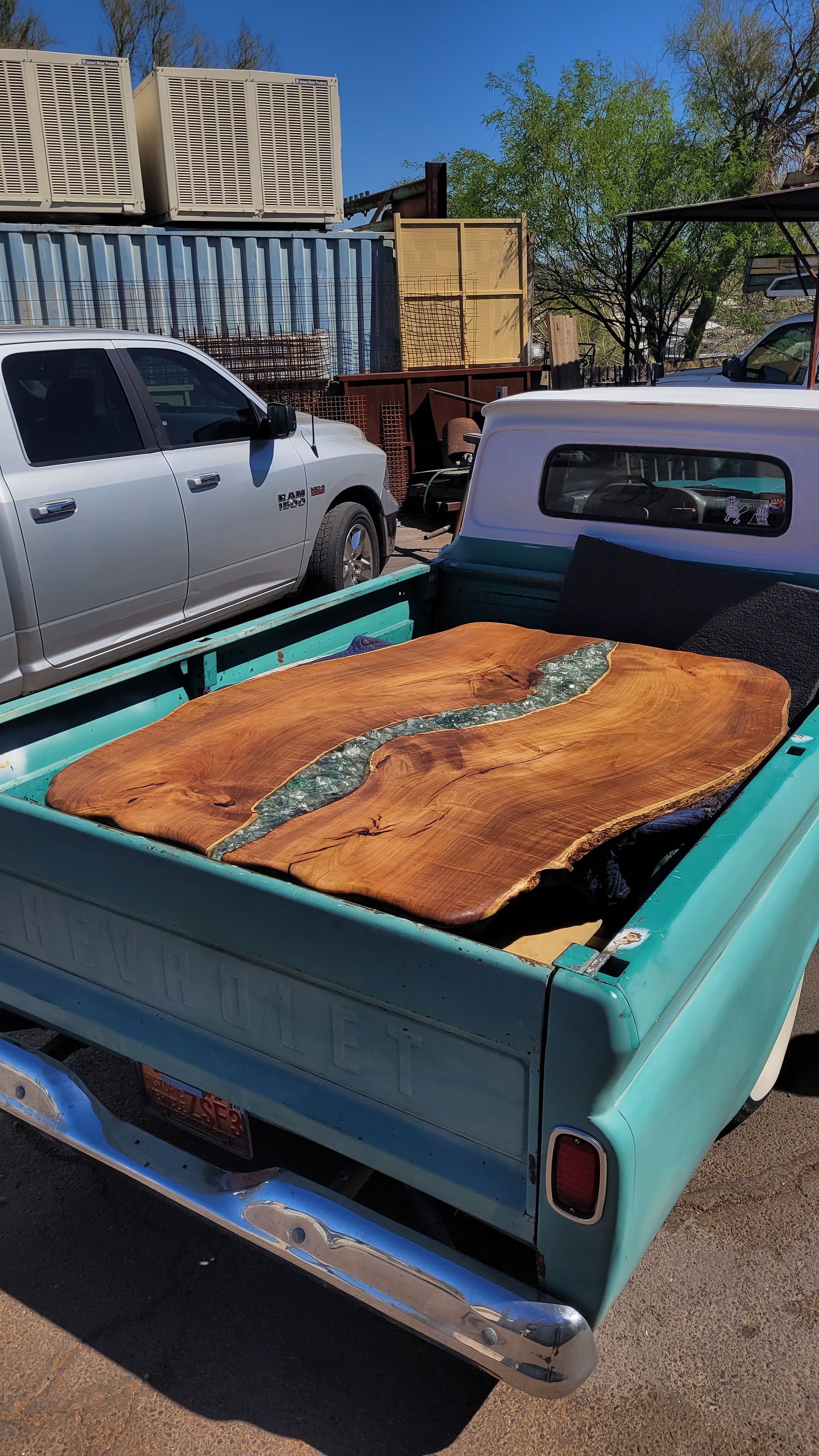 live edge epoxy headboard with fluorite & mesquite wood