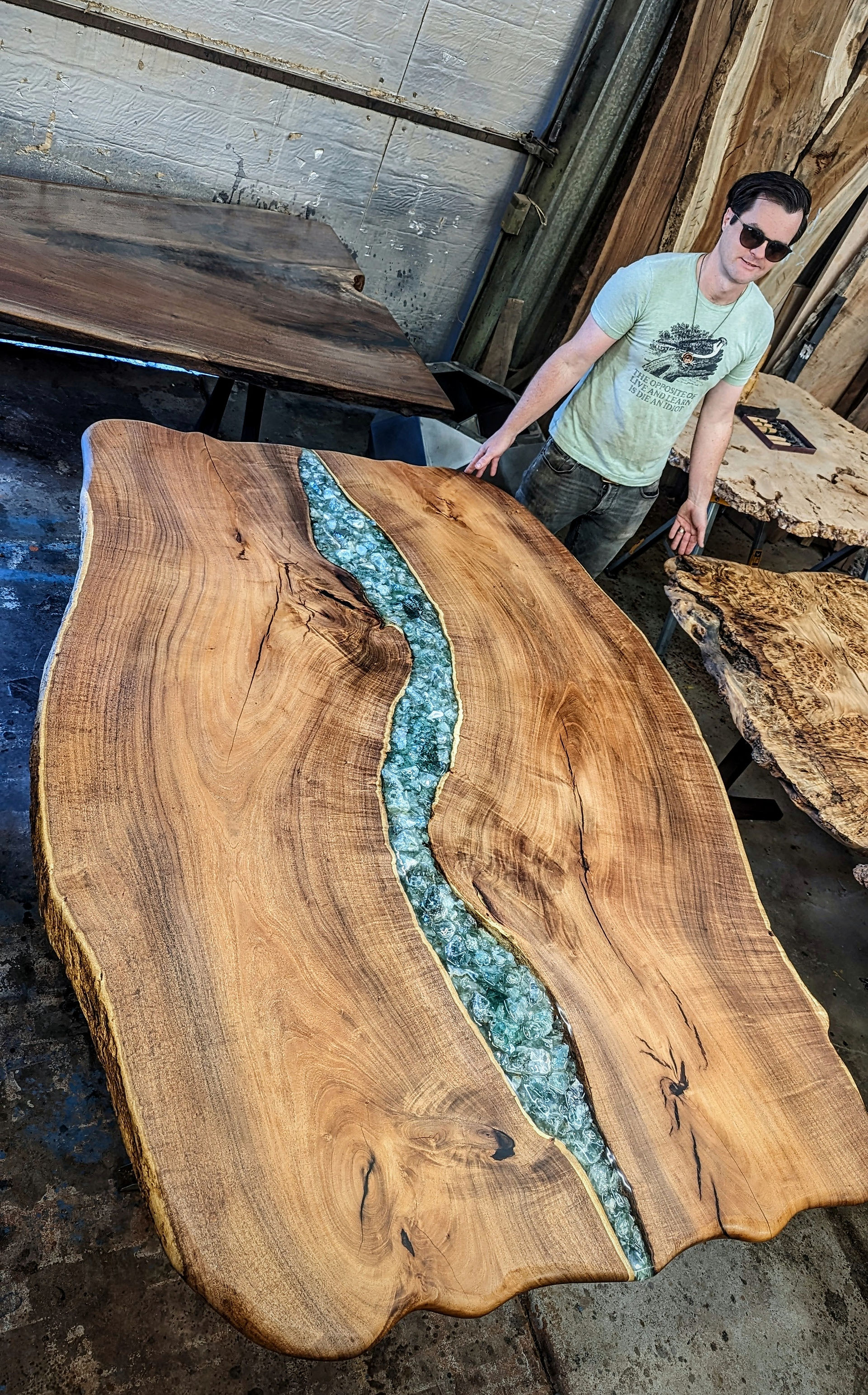 Live Edge Headboard with Resin and Fluorite River Rock