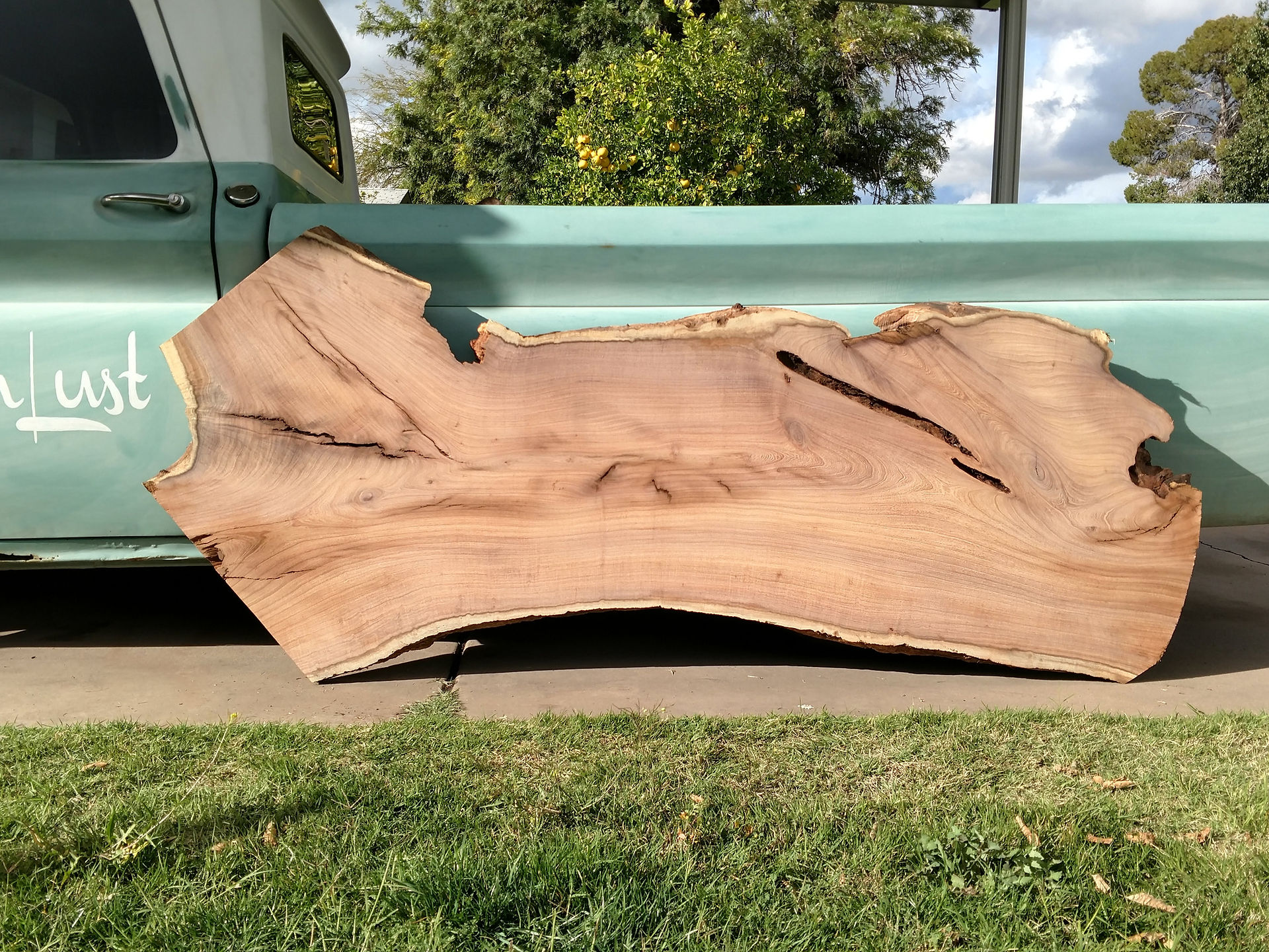 raw mesquite live edge slab after flattening