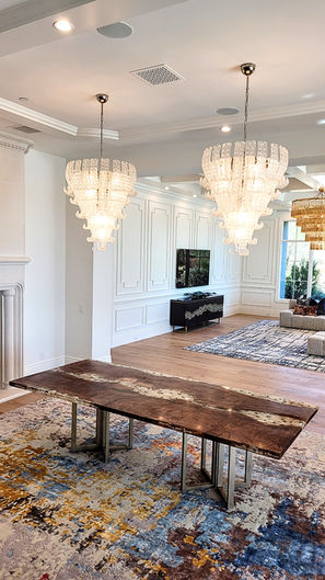 wood resin river table with crystals, geodes, gemstones