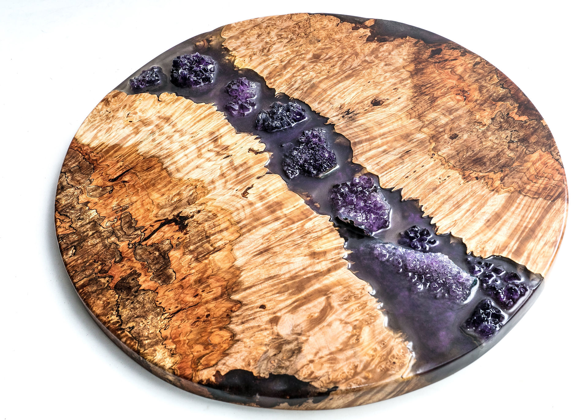 live edge maple burl with amethyst crystal
