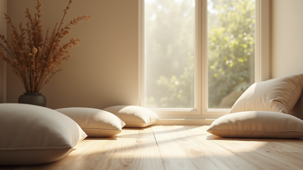 Close-up view of a peaceful meditation corner with cushions and soft natural light