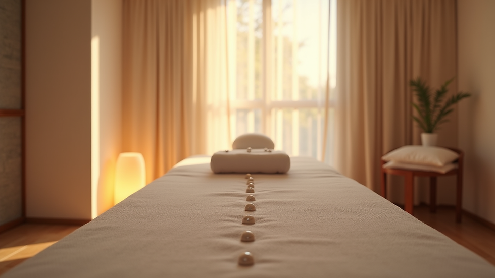 Eye-level view of a calm therapy room with soft lighting and a Reiki treatment table