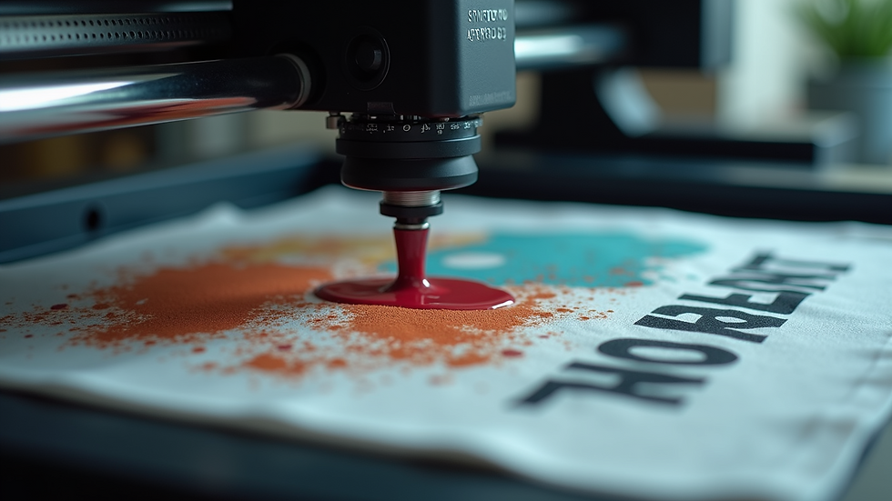 Close-up view of a screen printing machine applying ink to a t-shirt
