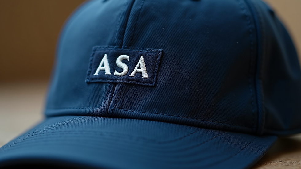 Close-up view of embroidered logo on a navy blue cap