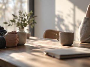 Conversa tranquil·la amb cafè i llum càlida.
