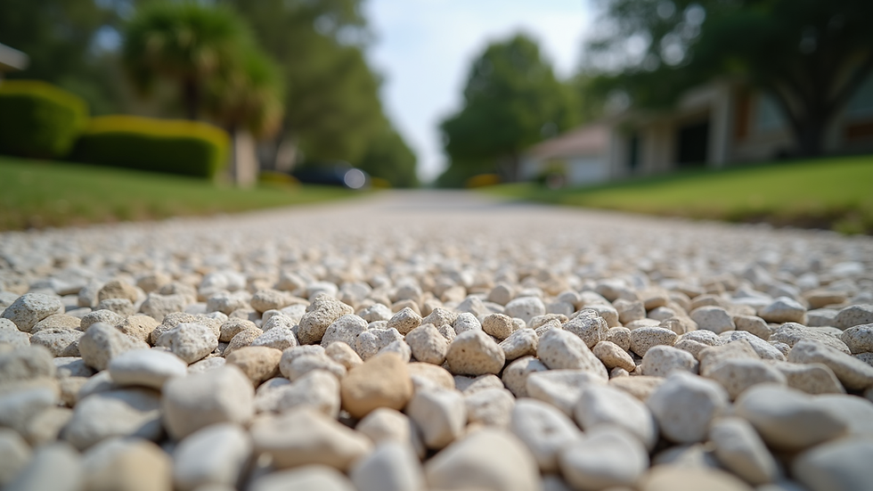 Eye-level view of a freshly installed rock driveway with compacted crushed limestone in Port St. Joe