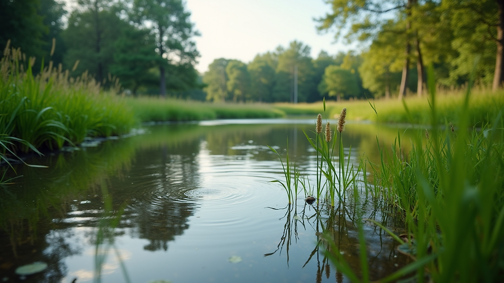 Eye-level view of a retention pond surrounded by greenery