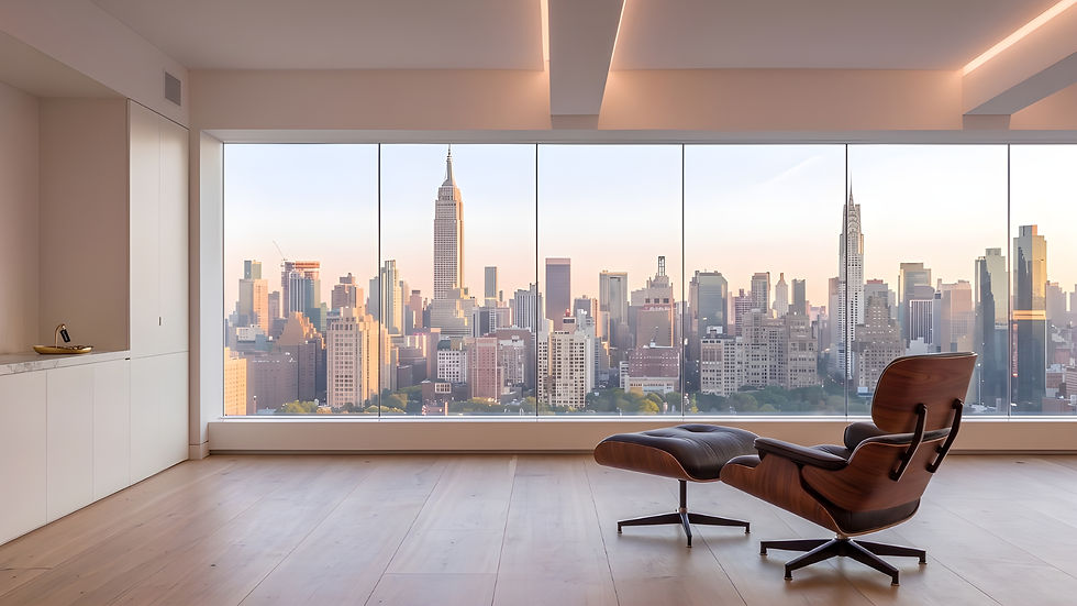 Wide-plank pale oak floors in a Midtown Manhattan luxury high-rise with floor-to-ceiling views of the New York City skyline and Chrysler Building, installed by I.J. Peiser's Sons.