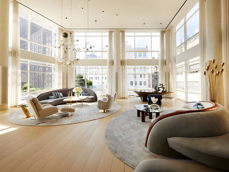 Wide-plank bleached Quartersawn American White Oak floors in a double-height penthouse great room, with floor-to-ceiling glass on three sides, sheer linen curtains, sculptural furniture groupings, and a branching glass chandelier, installed by I.J. Peiser's Sons.
