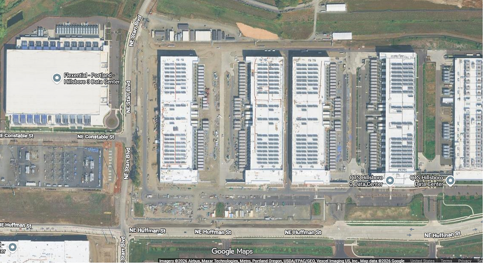 Satellite View of Data Centers in Hillsboro, Oregon Near Farmland