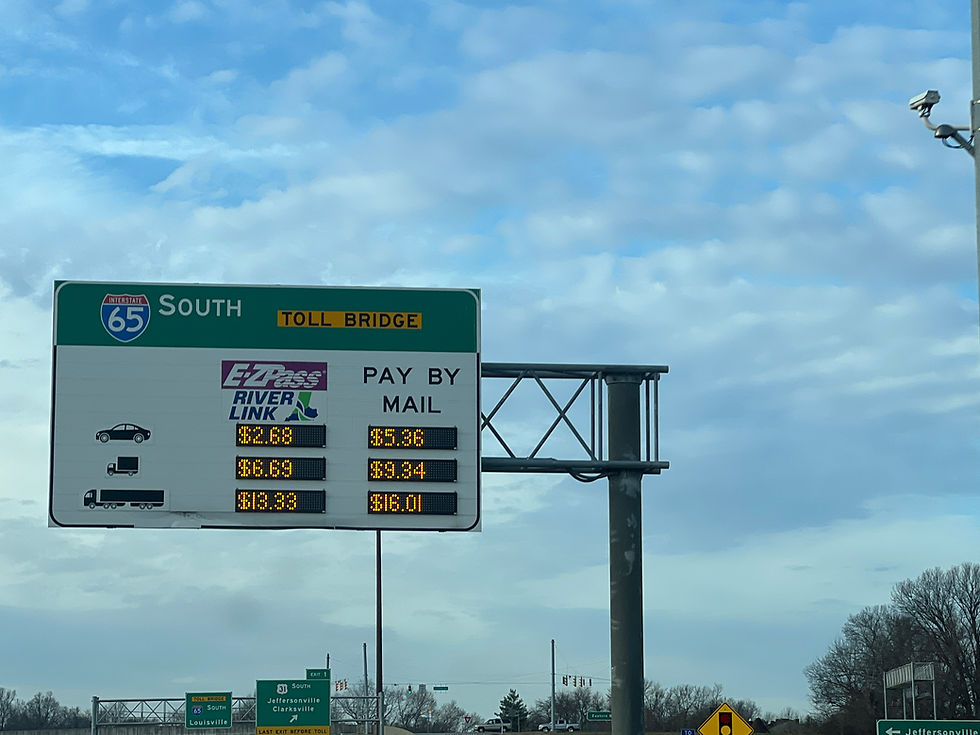 I-65 Toll Rates Sign at the Indiana/Kentucky Border, Ohio River - Photo: © 2026 RoadTour.Net
