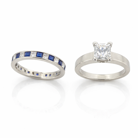 14kt whit gold 2 cts princess cut diamond with a princess cut ceylon sapphire and princess cut diamond band