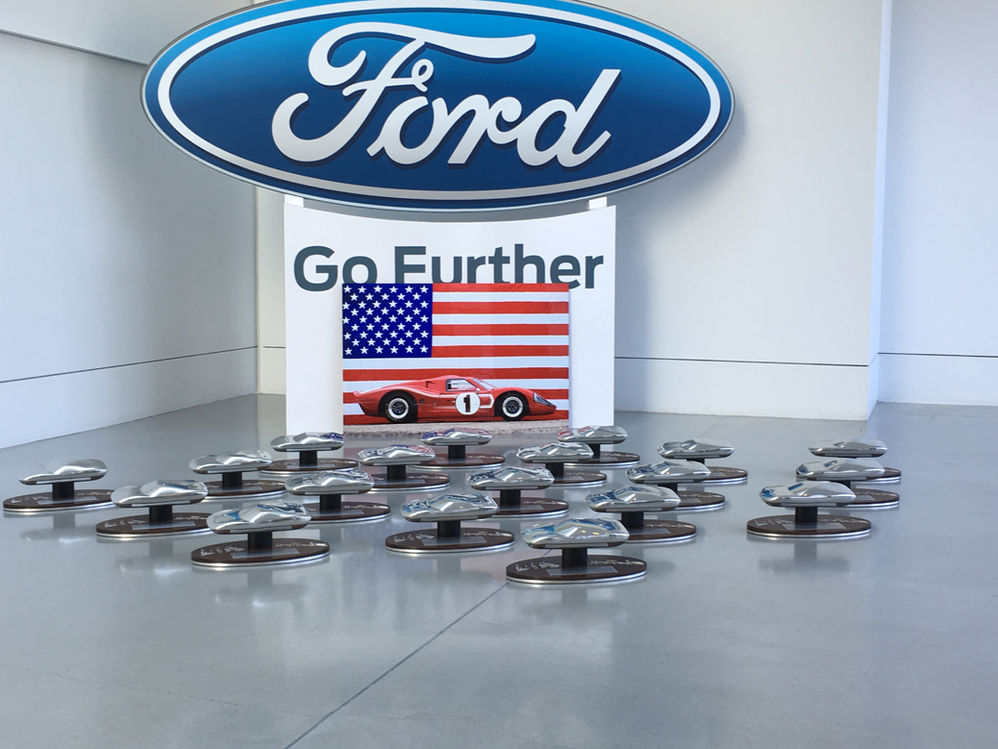 The GT40 trophies were made out of pewter on a walnut base