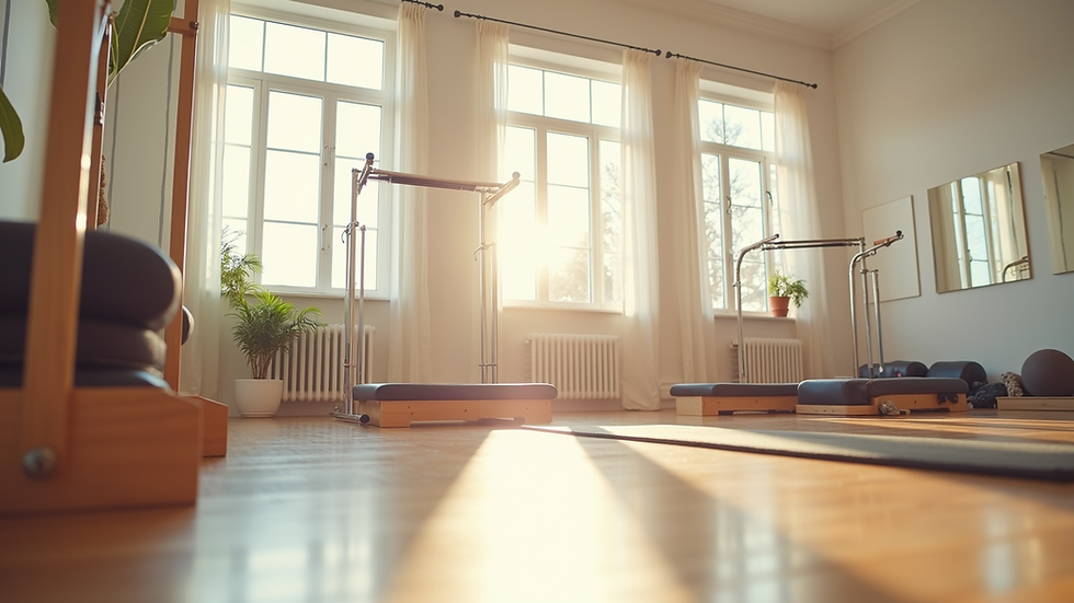 Eye-level view of a bright and spacious Pilates studio with exercise equipment